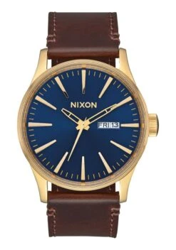 Nixon Sentry Leather Men's Watch - Polished Gold / Navy Sunray