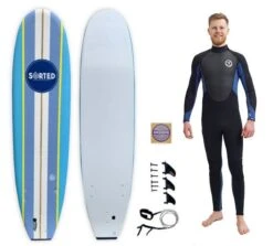 Sorted Premium 8ft Foam Surfboard & Mens 3/2mm Summer Wetsuit Package